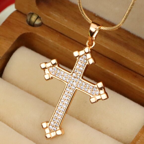 "Ornate Rose Gold Cross Pendant with CZ – Regal Textured Detailing, XPPT1826 - Picture 1 of 13